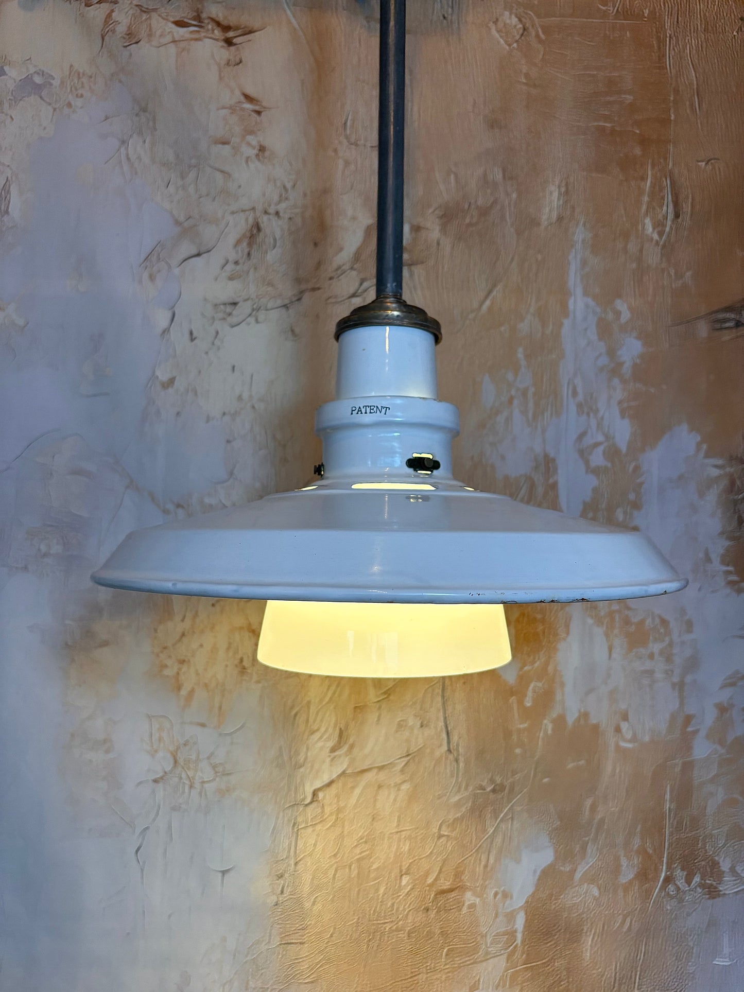 Pair of 1940s Thorlux industrial white enamel pendant lights with opaline glass shade