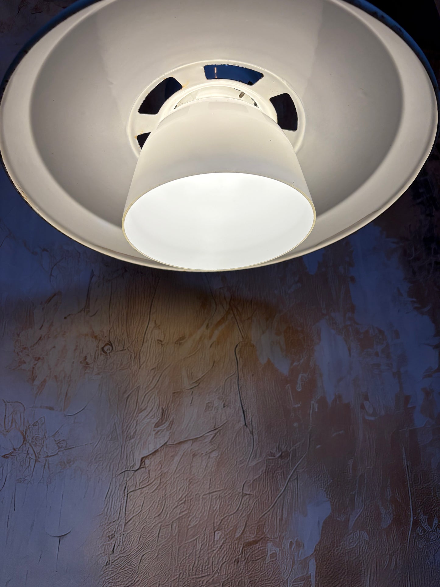Pair of 1940s Thorlux industrial white enamel pendant lights with opaline glass shade