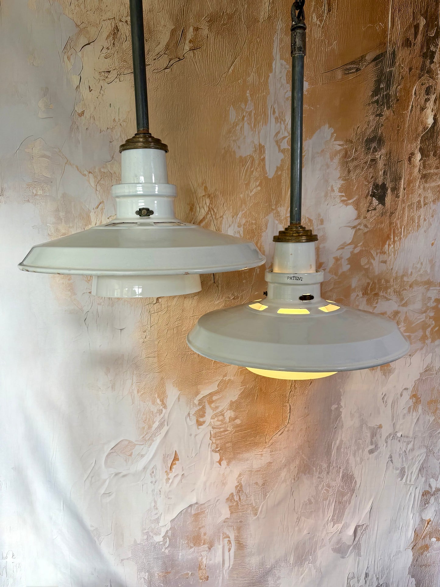 Pair of 1940s Thorlux industrial white enamel pendant lights with opaline glass shade