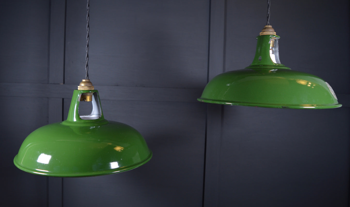 Vintage industrial enamel pendant lights by Coolicon (circa, 1940s)