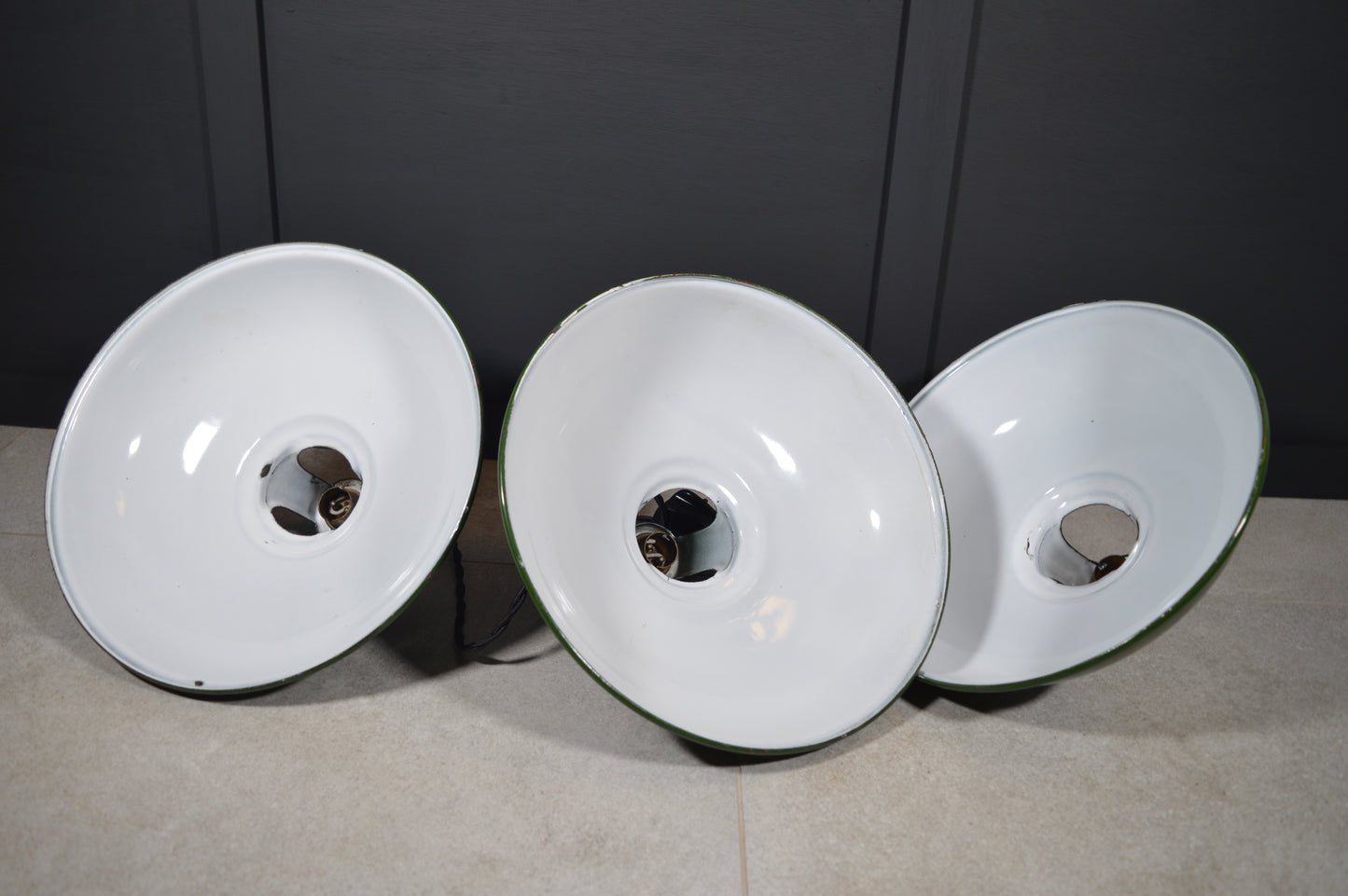 Vintage industrial enamel pendant lights by Coolicon (circa, 1940s)