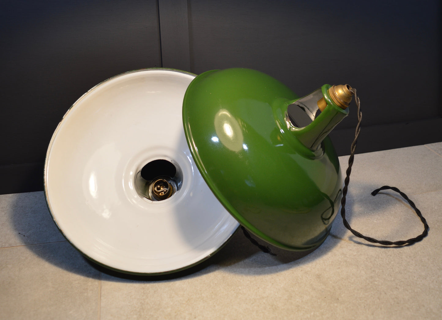 Vintage industrial enamel pendant lights by Coolicon (circa, 1940s)
