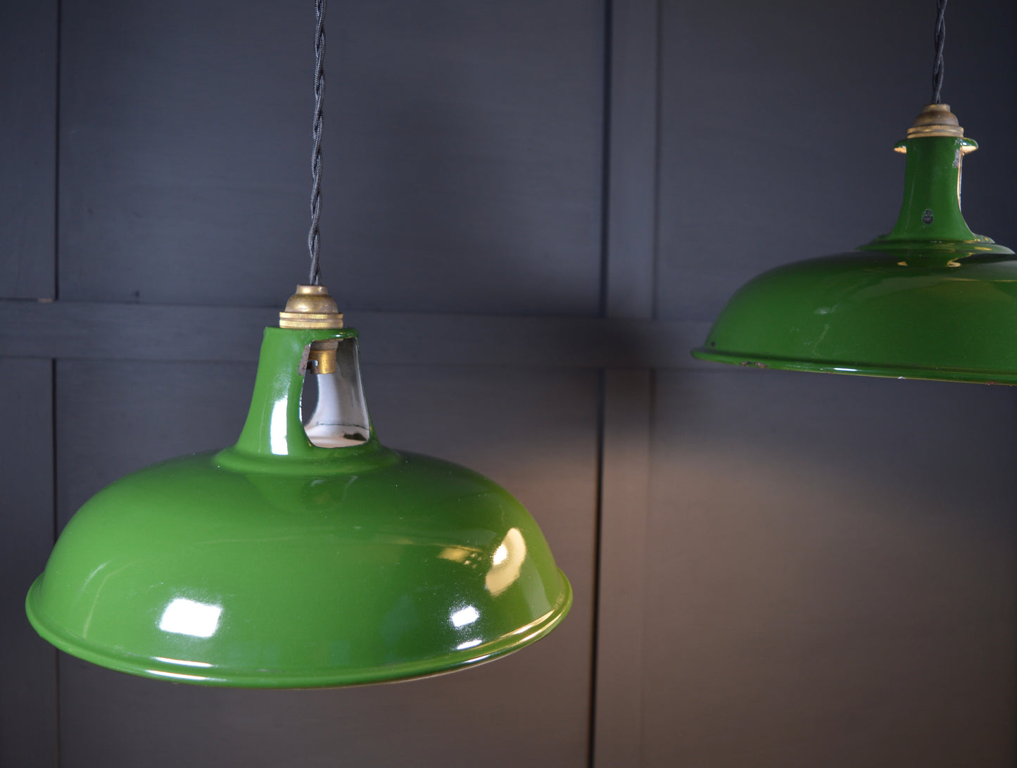 Vintage industrial enamel pendant lights by Coolicon (circa, 1940s)