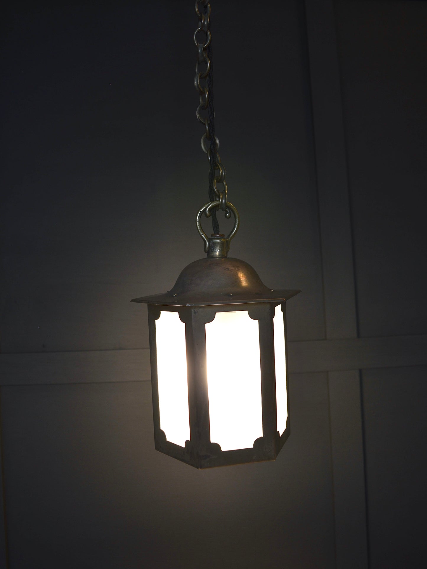 Arts & Crafts brass and glazed hexagonal chapel lantern