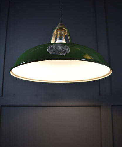 Vintage industrial enamel pendant lights by Coolicon (circa, 1940s)