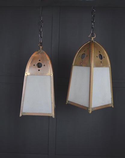 Pair of gothic revival glazed brass lights