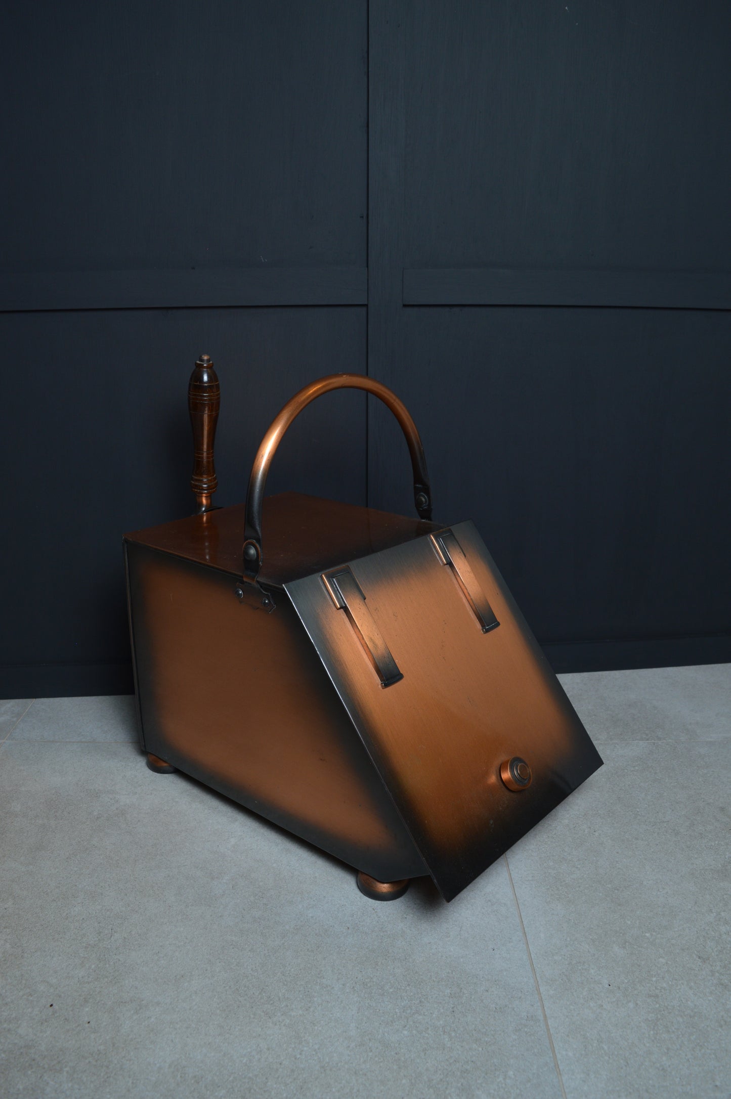 Vintage copper coal scuttle with wooden handle, antique decorative fireplace accessory