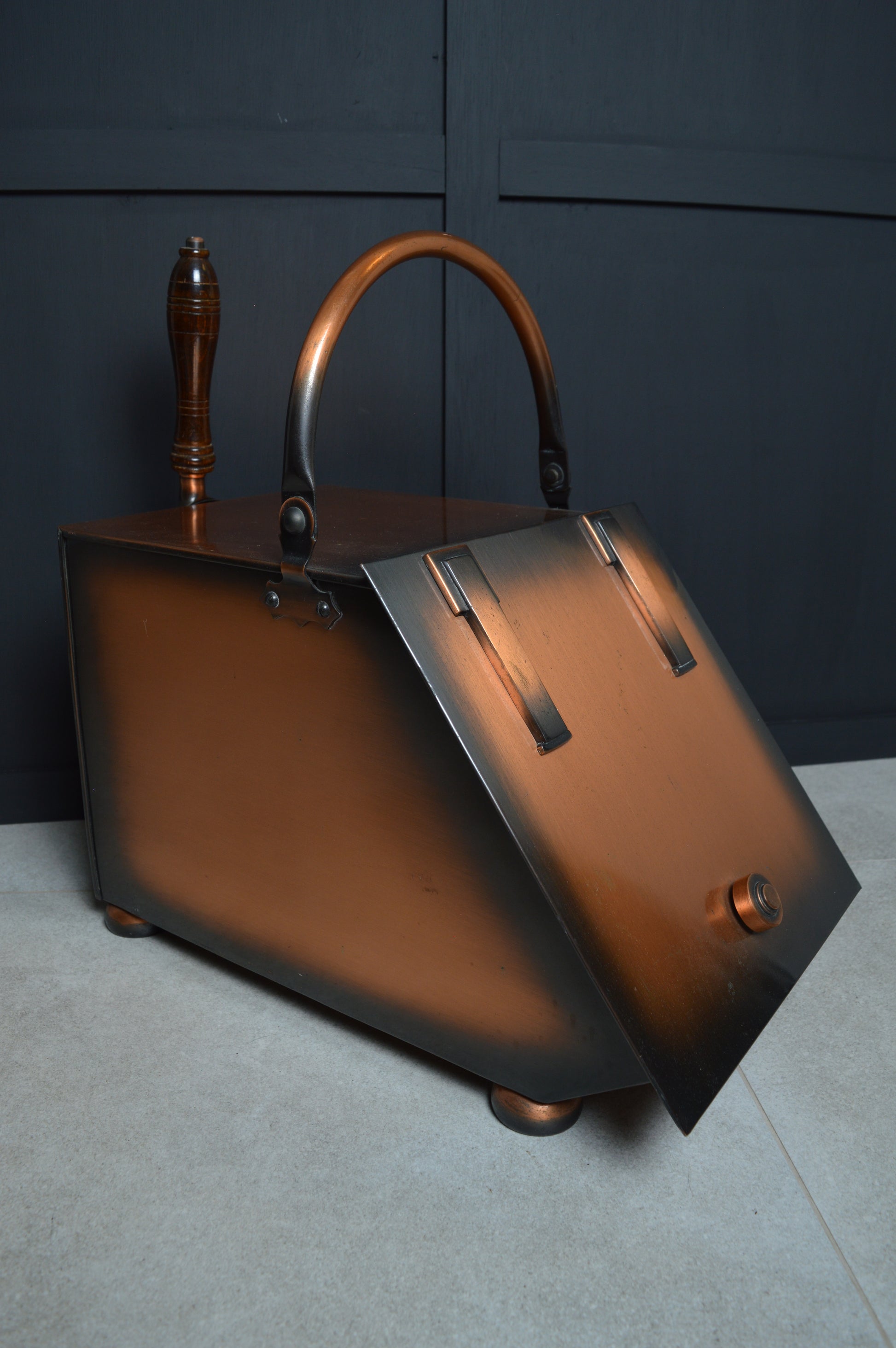 Antique copper coal scuttle with wooden handle, vintage home fireplace decor