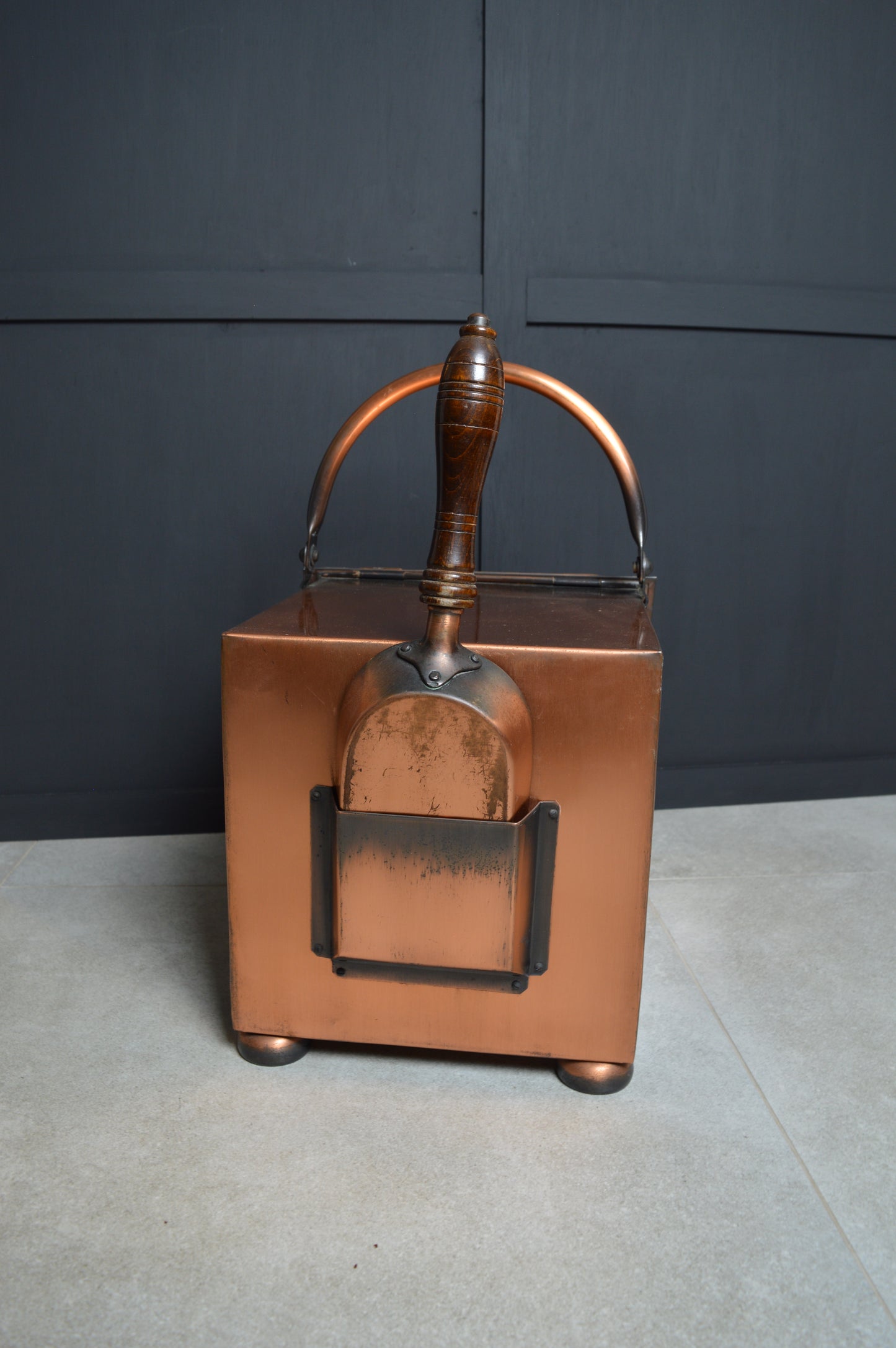 Vintage copper coal scuttle bucket with wooden handle and matching shovel, antique decor