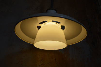 Pair of 1940s Thorlux industrial white enamel pendant lights with opaline glass shade