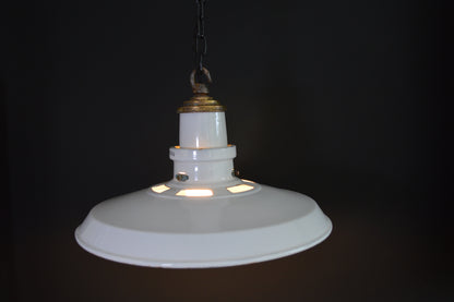 1940s Thorlux industrial white enamel pendant lights