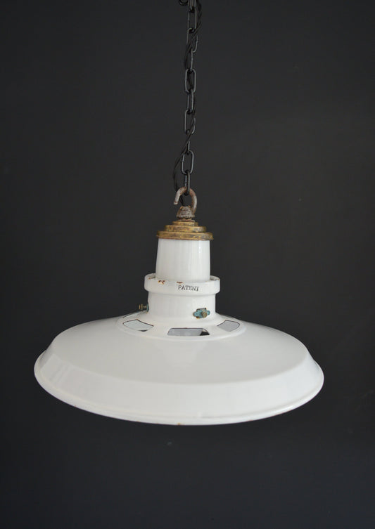 1940s Thorlux industrial white enamel pendant lights