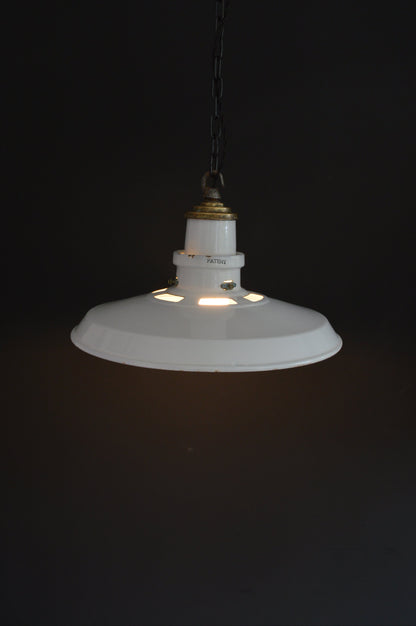 1940s Thorlux industrial white enamel pendant lights