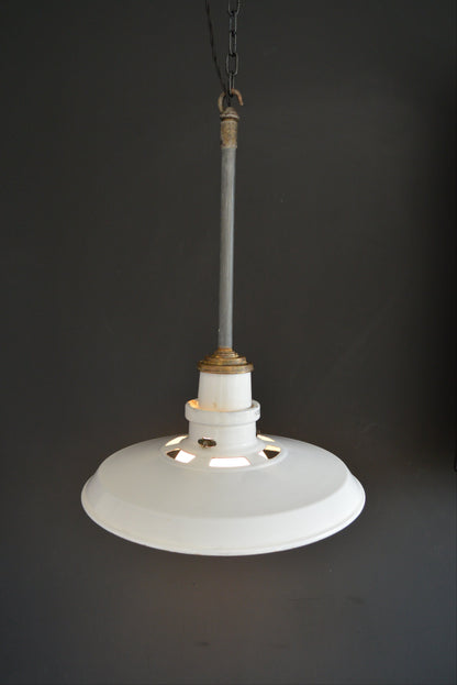 Pair of 1940s Thorlux industrial white enamel pendant lights with opaline glass shade