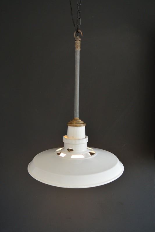 Pair of 1940s Thorlux industrial white enamel pendant lights with opaline glass shade