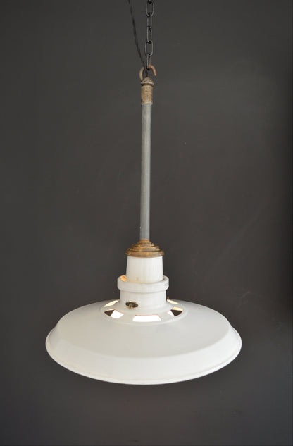 Pair of 1940s Thorlux industrial white enamel pendant lights with opaline glass shade