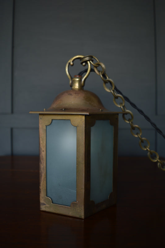 Arts & Crafts brass and glazed hexagonal chapel lantern