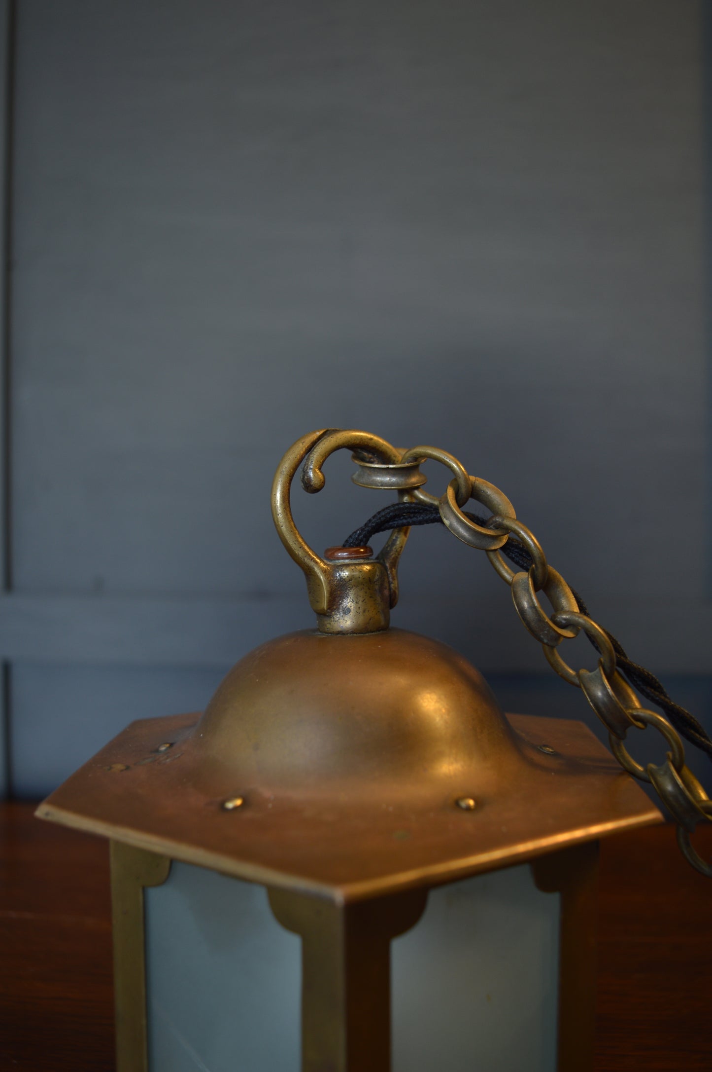 Arts & Crafts brass and glazed hexagonal chapel lantern