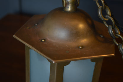 Arts & Crafts brass and glazed hexagonal chapel lantern