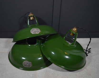 Vintage industrial enamel pendant lights by Coolicon (circa, 1940s)