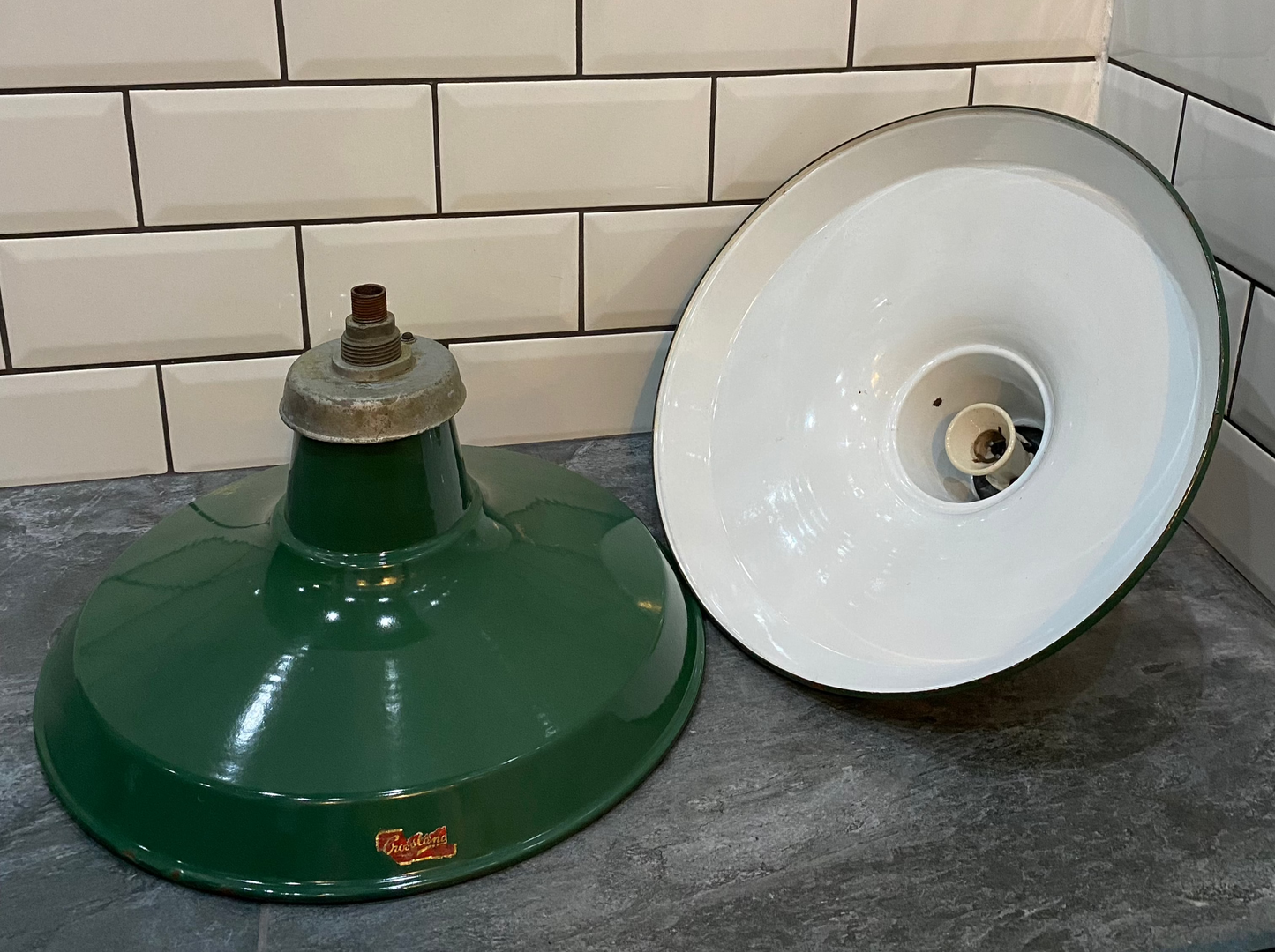 1940s Crossland Industrial Enamel Pendant Lights