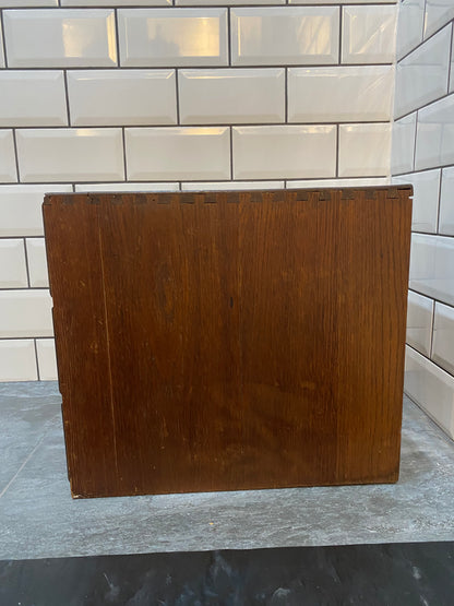 Early 20th century rustic oak 6 drawer index cabinet.