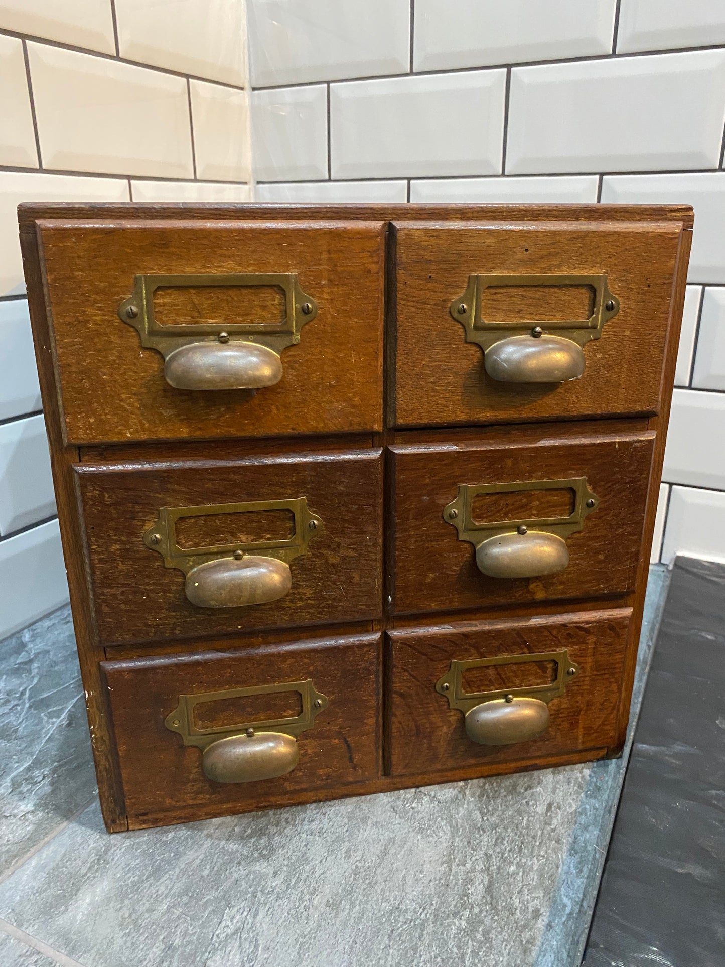 Early 20th century rustic oak 6 drawer index cabinet.