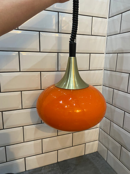 1970's Rise and Fall Ceiling Light Fitting with Opaque Orange Glass Shade