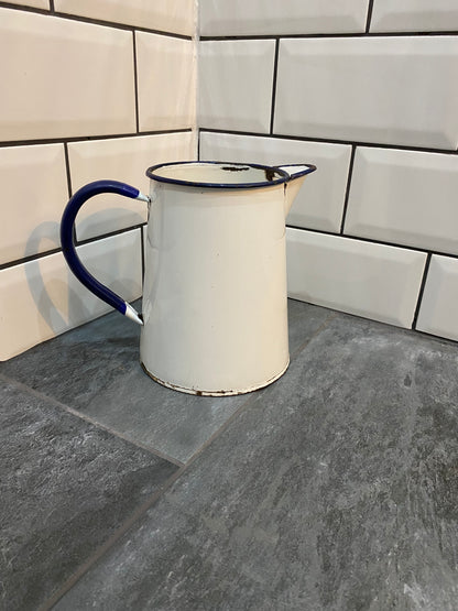 Vintage Rustic White Enamel Jug/Pitcher/Kitchen Display Vase