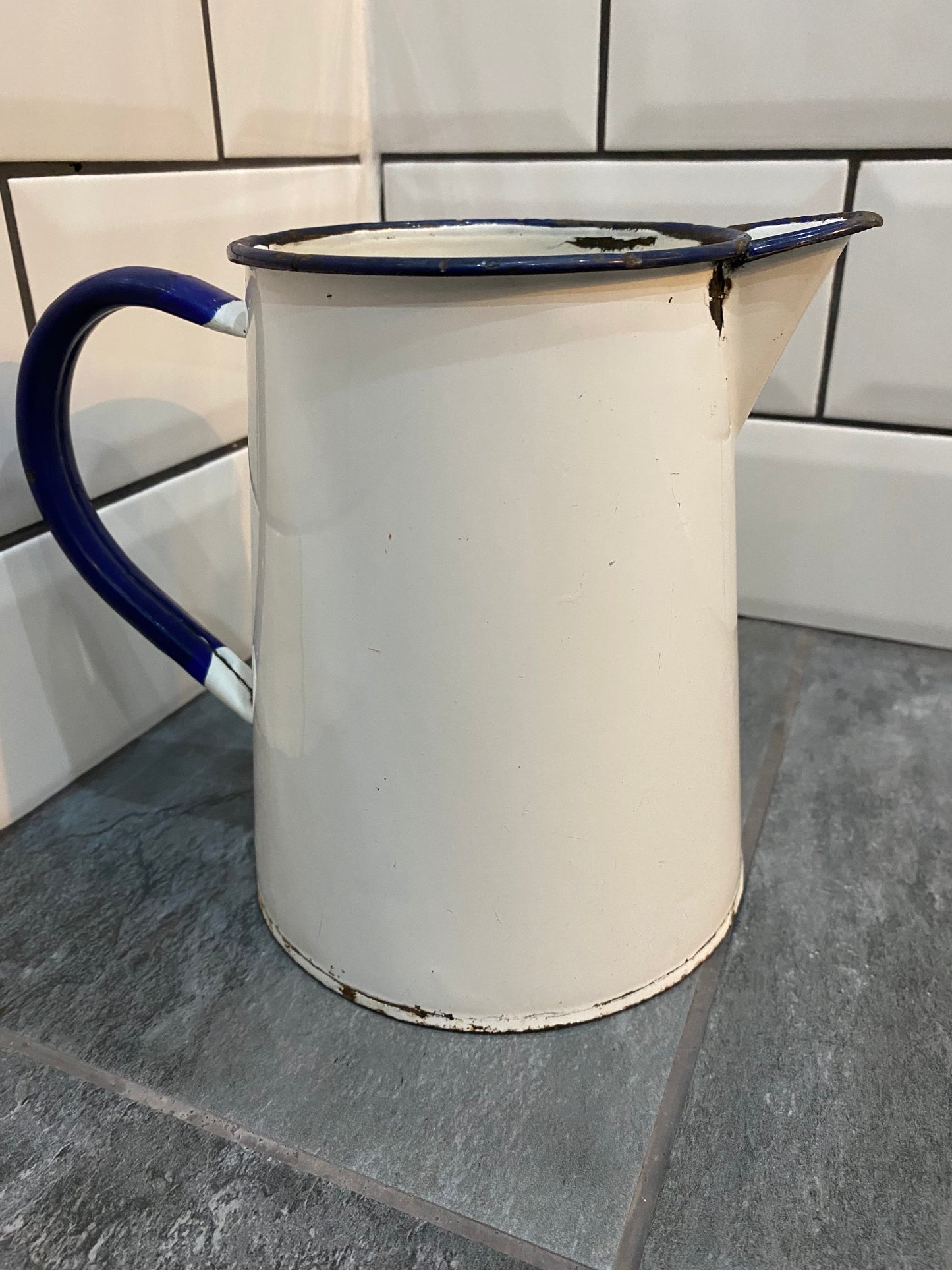 Vintage Rustic White Enamel Jug/Pitcher/Kitchen Display Vase