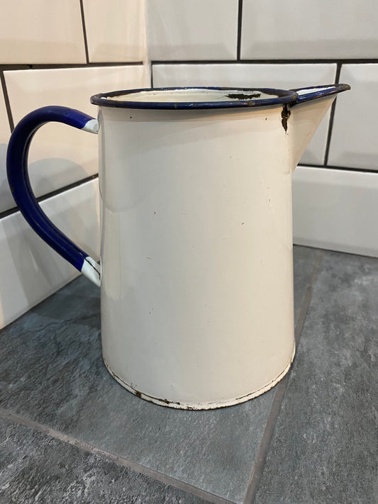 Vintage Rustic White Enamel Jug/Pitcher/Kitchen Display Vase