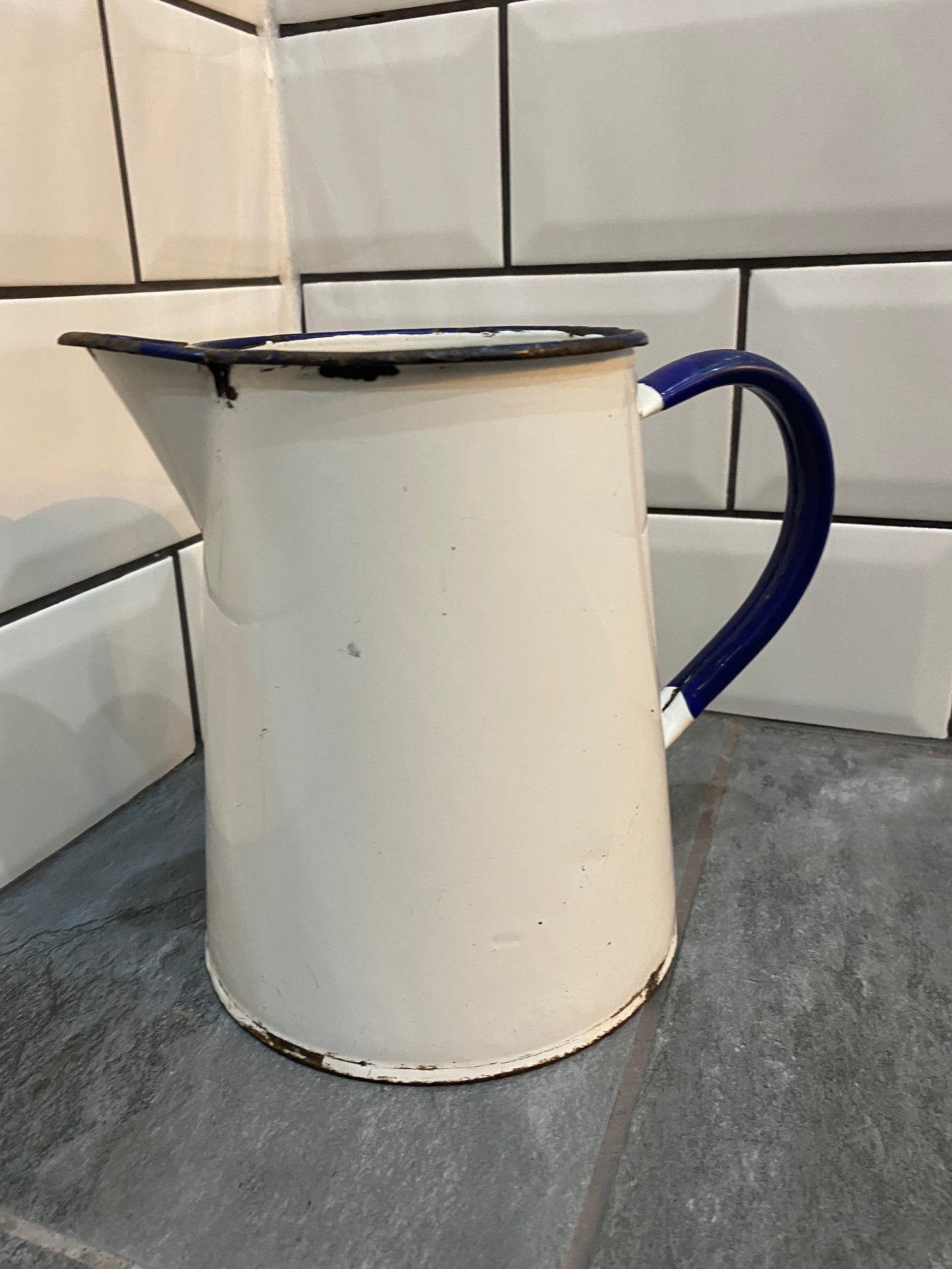 Vintage Rustic White Enamel Jug/Pitcher/Kitchen Display Vase