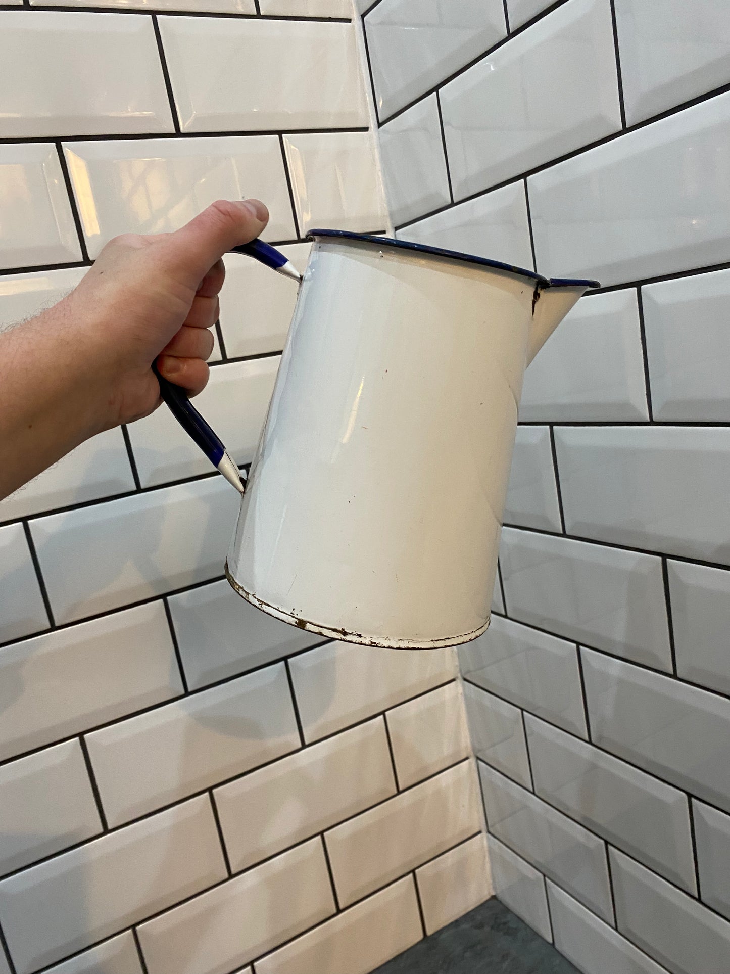 Vintage Rustic White Enamel Jug/Pitcher/Kitchen Display Vase
