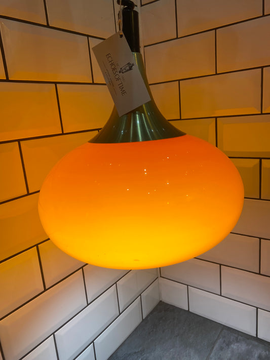 1970's Rise and Fall Ceiling Light Fitting with Opaque Orange Glass Shade